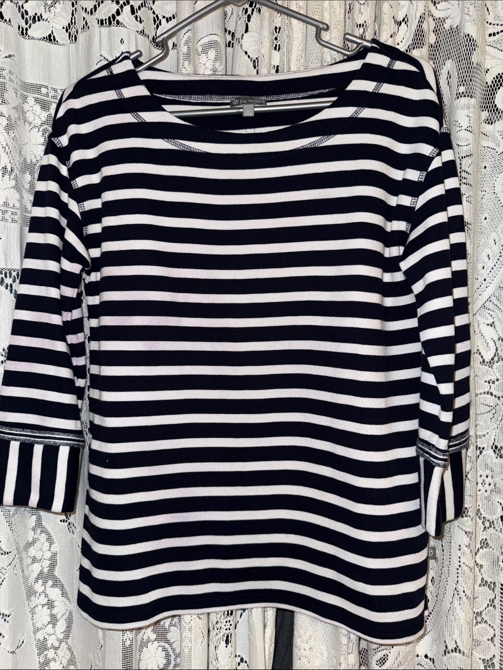 Talbots navy & off White Striped Long Sleeve Boatneck Top